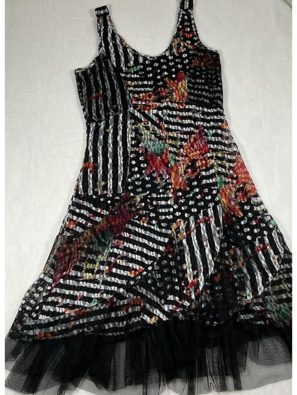 Tango Mango Vintage Black Multicolor Floral Striped Tulle Hem Dress Size S - Picture 2 of 7